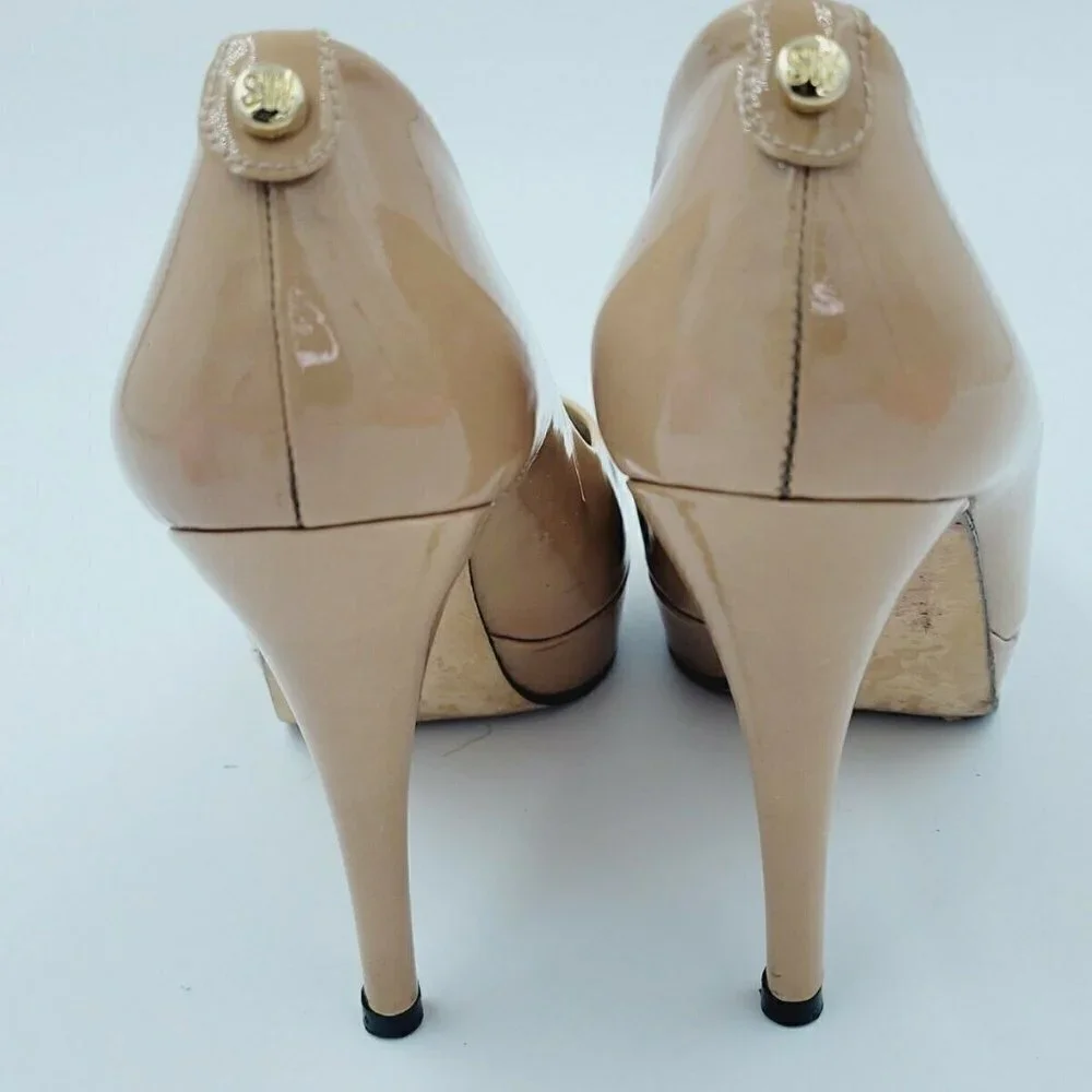 Stuart Weitzman Neutral Patent Leather Platform Peep Toe Pumps Size 8.5M